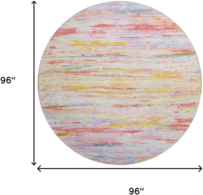 8' Coral Yellow And Ivory Abstract Washable Round Rug With UV Protection Photo 9
