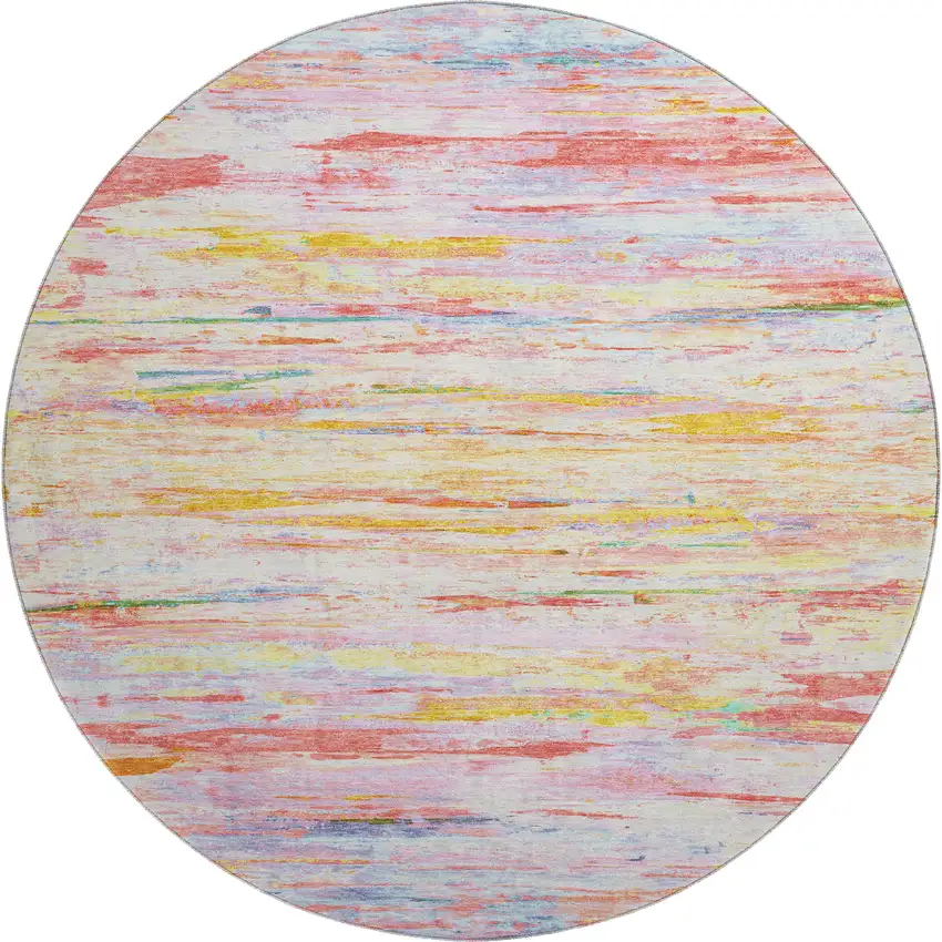 8' Coral Yellow And Ivory Abstract Washable Round Rug With UV Protection Photo 1