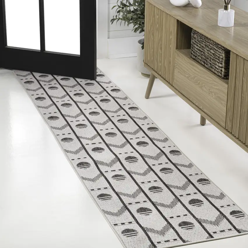 8' Cream And Black Geometric Indoor Outdoor Runner Rug Photo 4