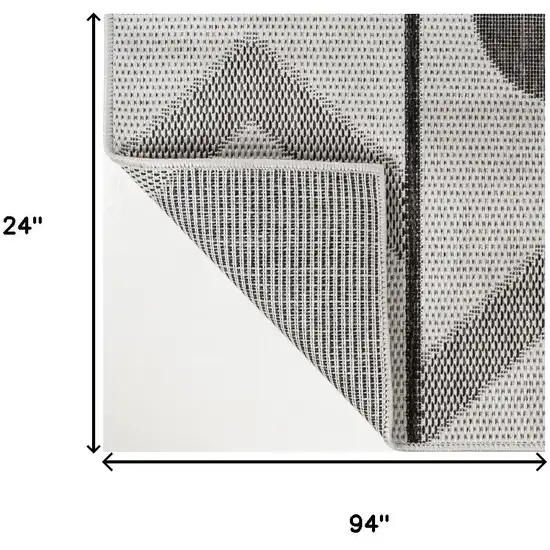 8' Cream And Black Geometric Indoor Outdoor Runner Rug Photo 9