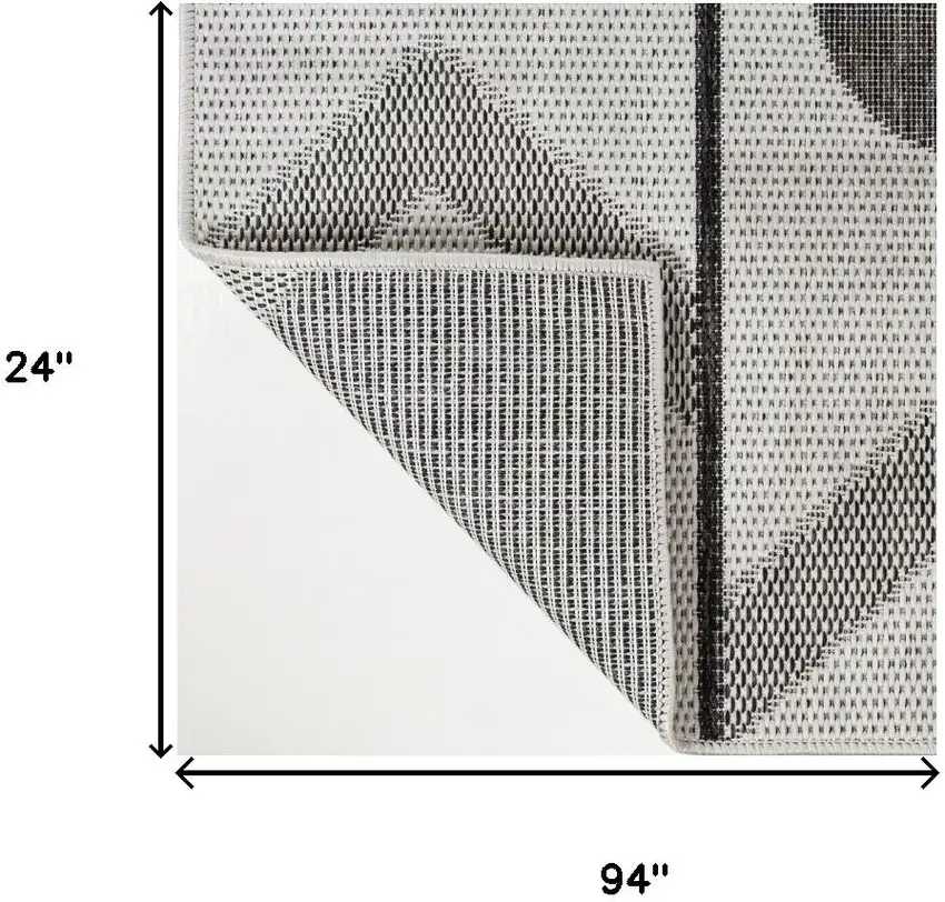 8' Cream And Black Geometric Indoor Outdoor Runner Rug Photo 9