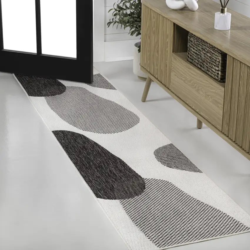 8' Cream And Black Geometric Indoor Outdoor Runner Rug Photo 3