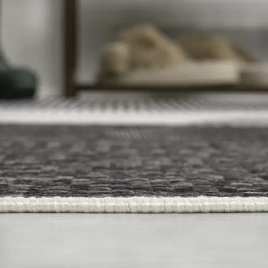 8' Cream And Black Geometric Indoor Outdoor Runner Rug Photo 6