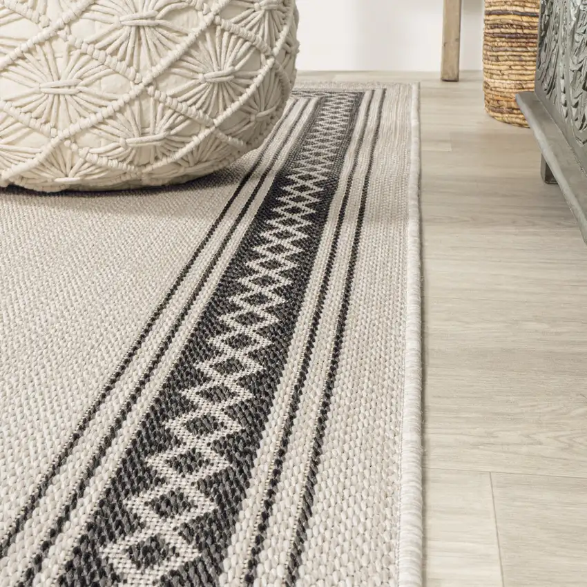 8' Cream And Black Indoor Outdoor Runner Rug Photo 4