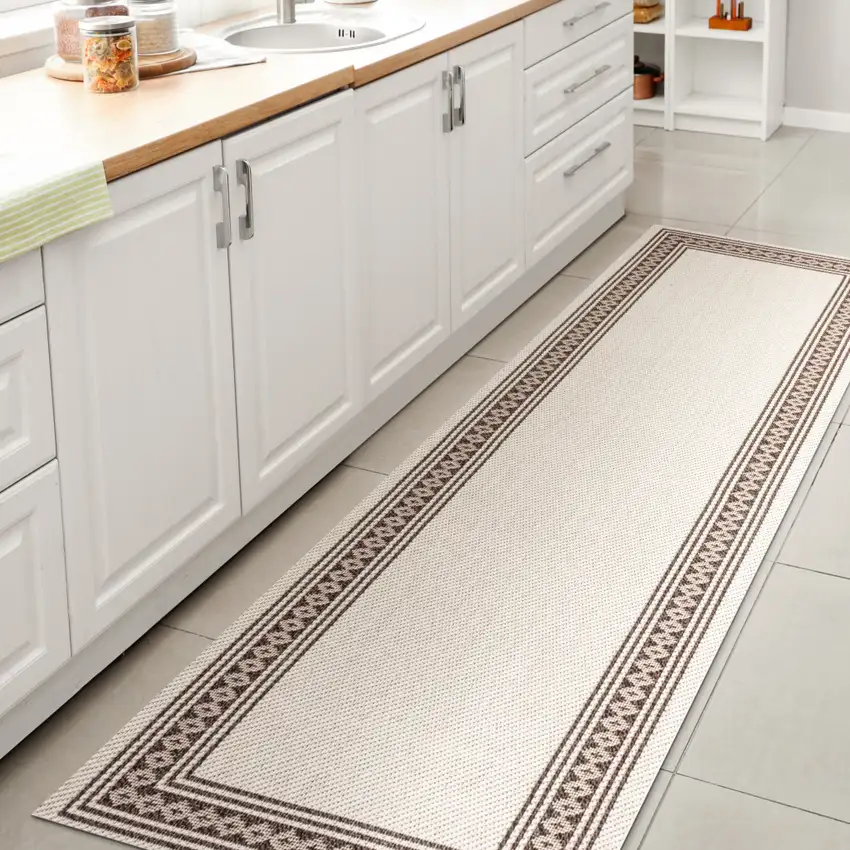 8' Cream And Black Indoor Outdoor Runner Rug Photo 3