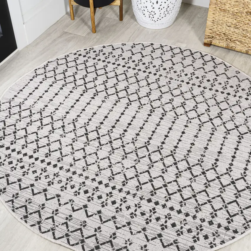 8' Cream And Black Round Trellis Indoor Outdoor Area Rug Photo 4