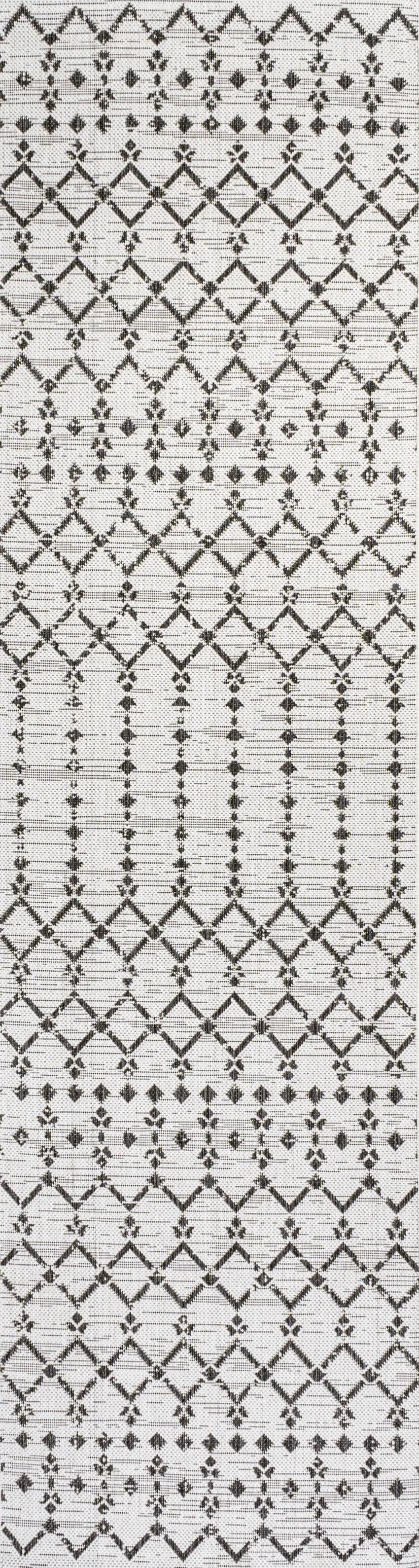 10' Cream And Black Trellis Indoor Outdoor Runner Rug Photo 3