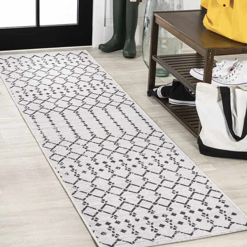 8' Cream And Black Trellis Indoor Outdoor Runner Rug Photo 4