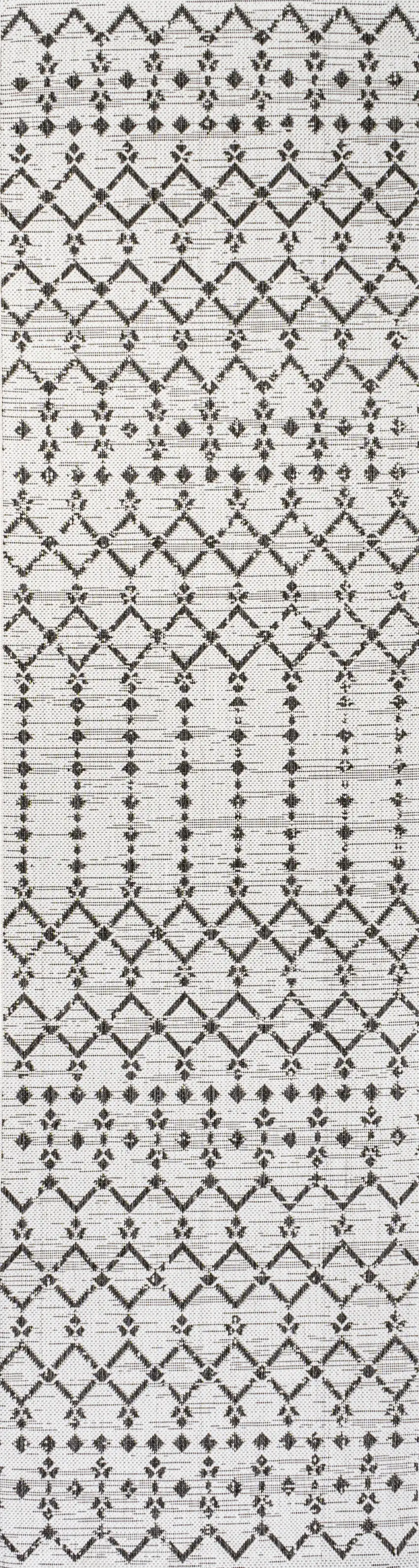8' Cream And Black Trellis Indoor Outdoor Runner Rug Photo 1