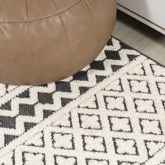 8' Cream And Black Trellis Indoor Outdoor Runner Rug Photo 9