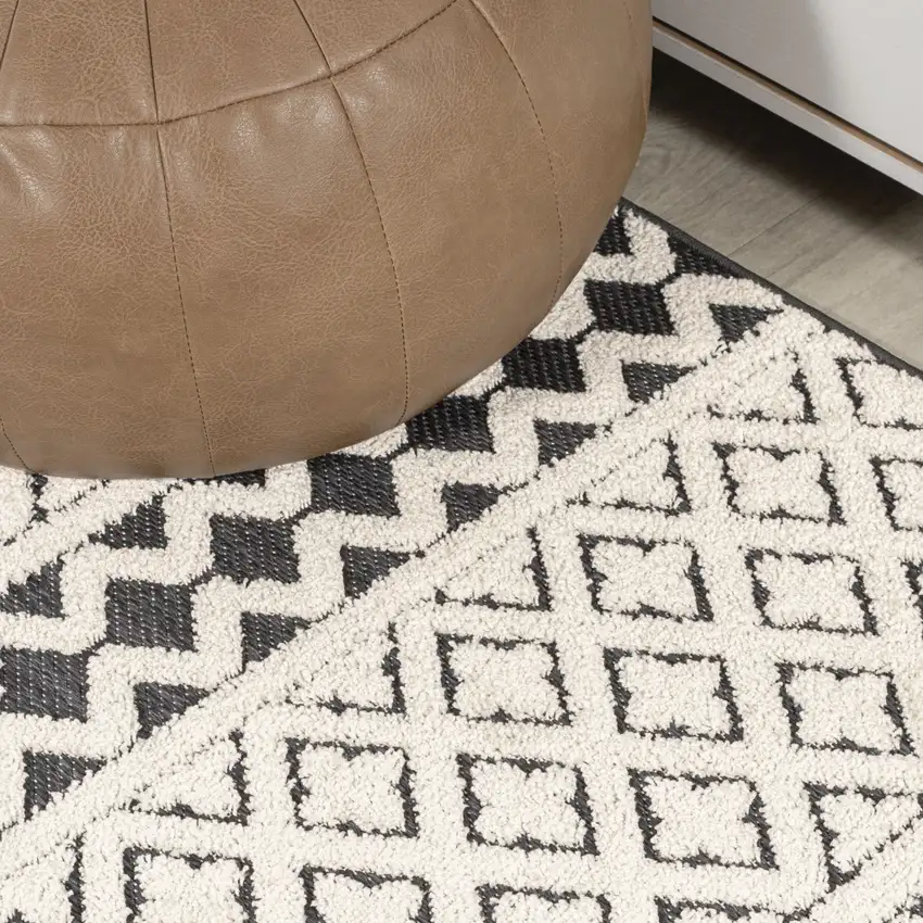 8' Cream And Black Trellis Indoor Outdoor Runner Rug Photo 9