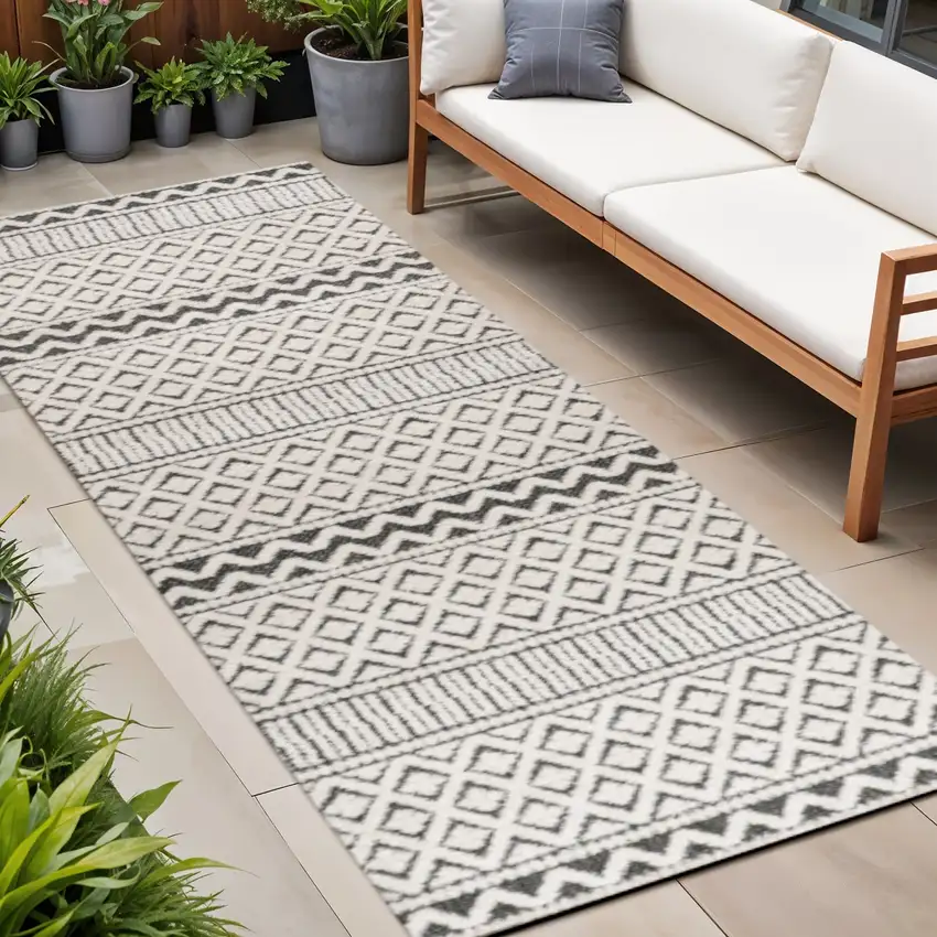 8' Cream And Black Trellis Indoor Outdoor Runner Rug Photo 1