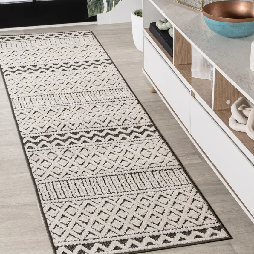 8' Cream And Black Trellis Indoor Outdoor Runner Rug Photo 3