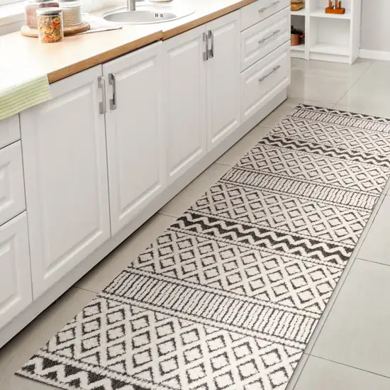 8' Cream And Black Trellis Indoor Outdoor Runner Rug Photo 5