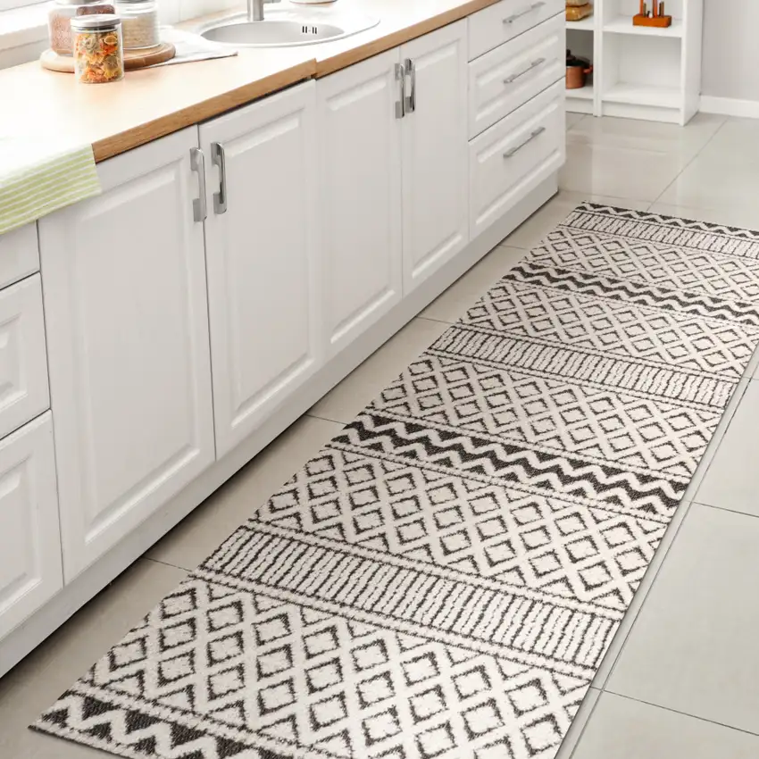 8' Cream And Black Trellis Indoor Outdoor Runner Rug Photo 5