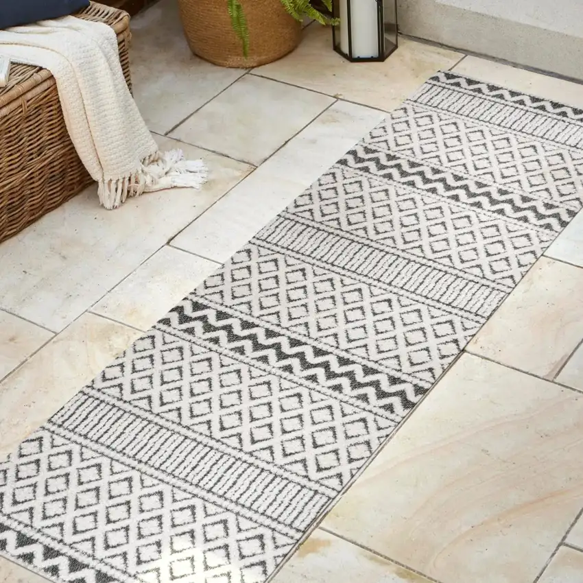 8' Cream And Black Trellis Indoor Outdoor Runner Rug Photo 4