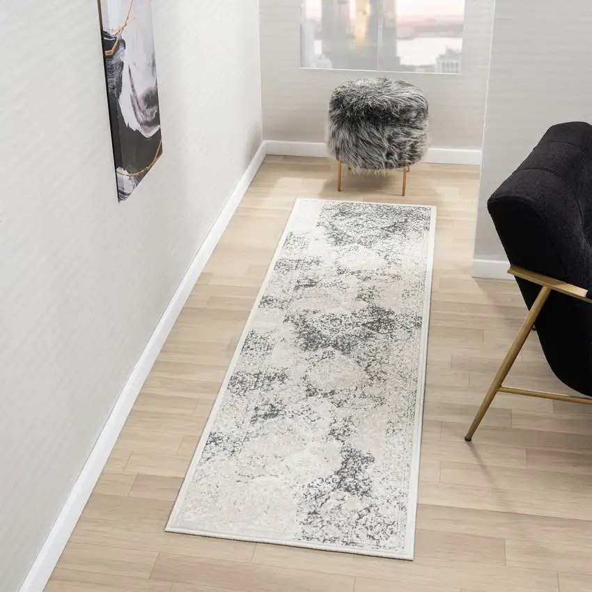 7' Cream And Blue Damask Runner Rug Photo 4