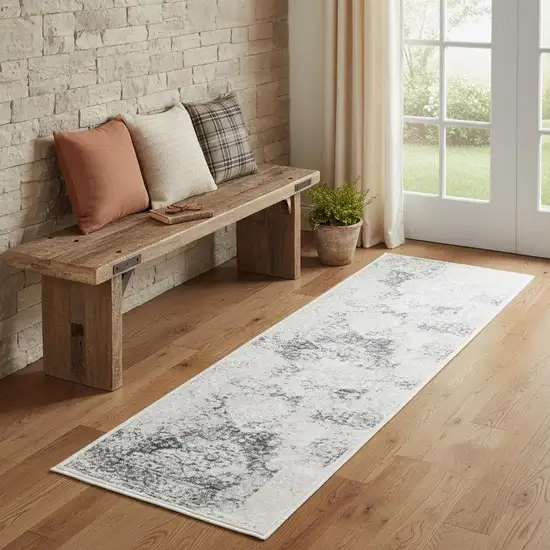 7' Cream And Blue Damask Runner Rug Photo 1