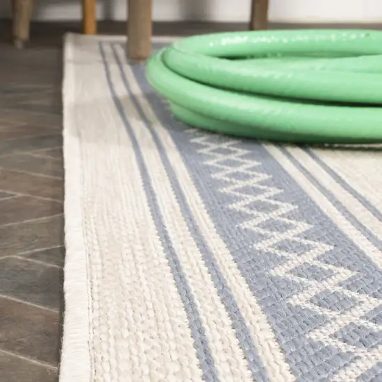 8' Cream And Blue Indoor Outdoor Runner Rug Photo 6