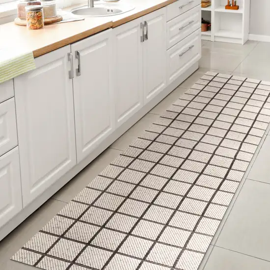 8' Cream And Dark Gray Plaid Indoor Outdoor Runner Rug Photo 6