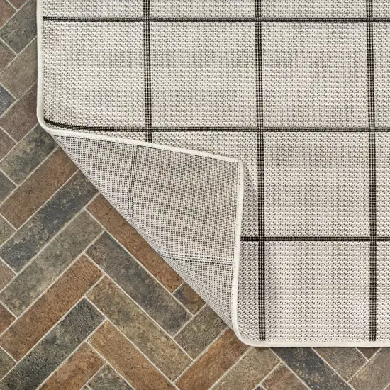 8' Cream And Dark Gray Plaid Indoor Outdoor Runner Rug Photo 9