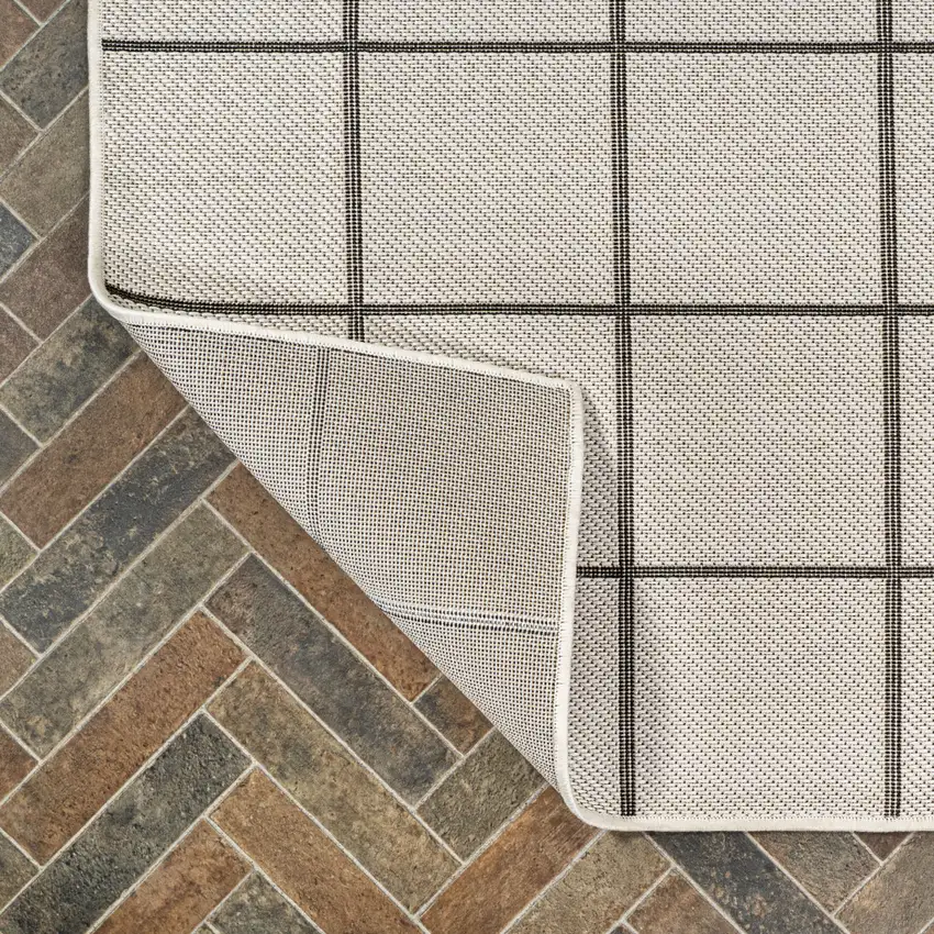8' Cream And Dark Gray Plaid Indoor Outdoor Runner Rug Photo 9