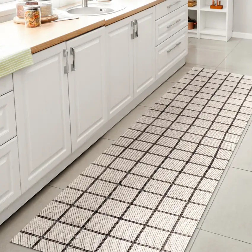 8' Cream And Dark Gray Plaid Indoor Outdoor Runner Rug Photo 6