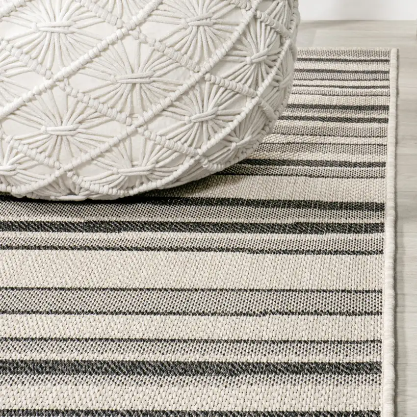 8' Cream And Dark Gray Striped Indoor Outdoor Runner Rug Photo 8