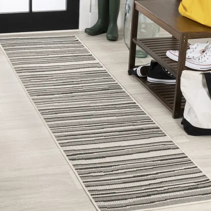 8' Cream And Dark Gray Striped Indoor Outdoor Runner Rug Photo 1