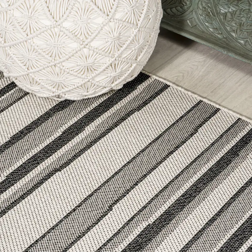 8' Cream And Dark Gray Striped Indoor Outdoor Runner Rug Photo 7