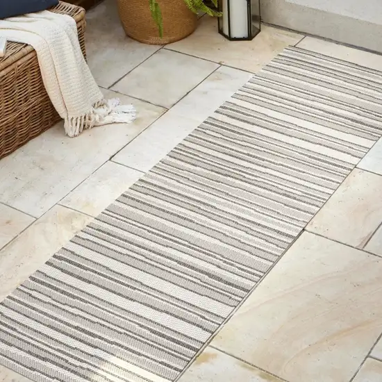 8' Cream And Dark Gray Striped Indoor Outdoor Runner Rug Photo 2
