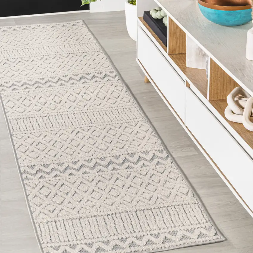 8' Cream And Gray Trellis Indoor Outdoor Runner Rug Photo 4
