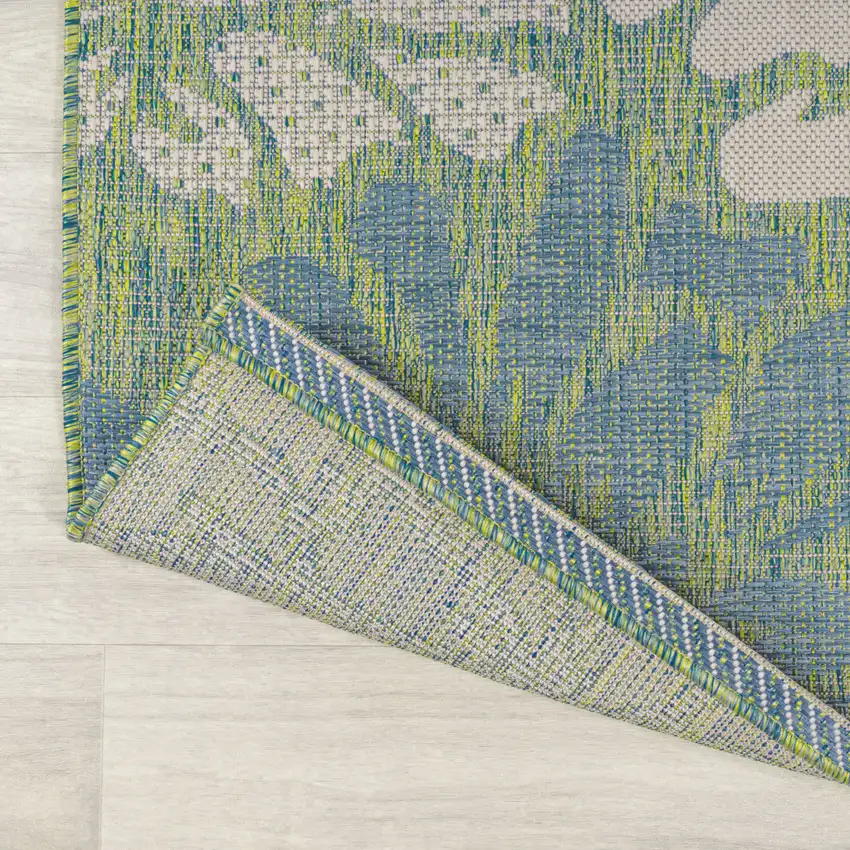 10' Cream And Green Floral Indoor Outdoor Runner Rug Photo 7