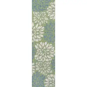 Photo of 10' Cream And Green Floral Indoor Outdoor Runner Rug