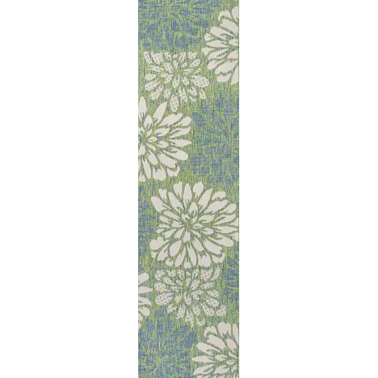 10' Cream And Green Floral Indoor Outdoor Runner Rug Photo 1