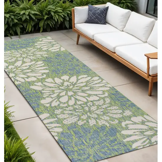 10' Cream And Green Floral Indoor Outdoor Runner Rug Photo 1