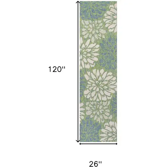 10' Cream And Green Floral Indoor Outdoor Runner Rug Photo 7