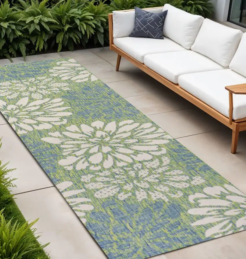 8' Cream And Green Floral Indoor Outdoor Runner Rug Photo 1