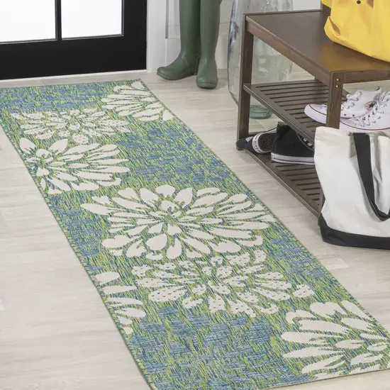 8' Cream And Green Floral Indoor Outdoor Runner Rug Photo 4