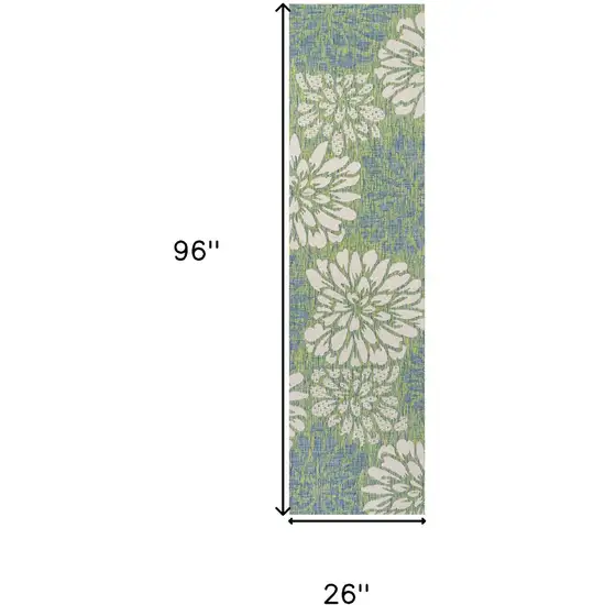 8' Cream And Green Floral Indoor Outdoor Runner Rug Photo 7