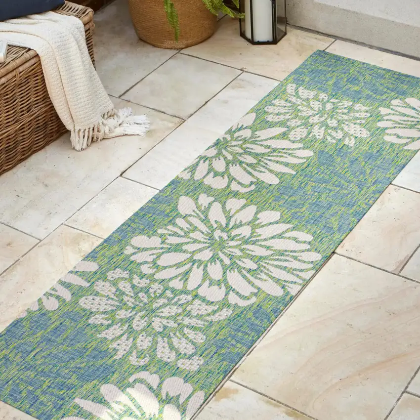 8' Cream And Green Floral Indoor Outdoor Runner Rug Photo 5