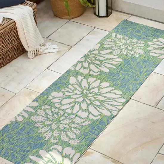 8' Cream And Green Floral Indoor Outdoor Runner Rug Photo 5