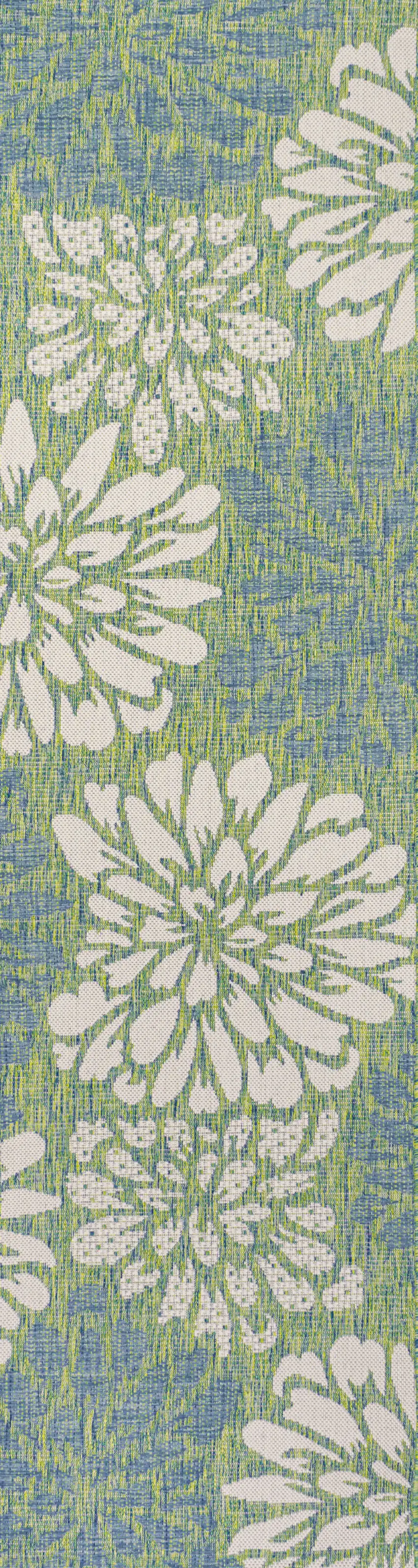8' Cream And Green Floral Indoor Outdoor Runner Rug Photo 1