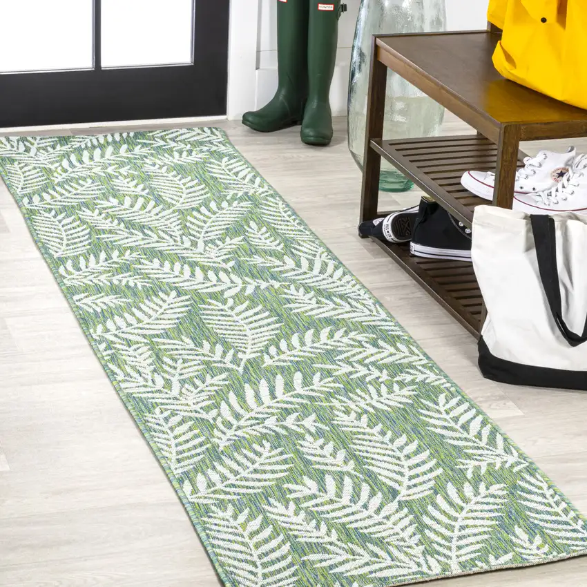 10' Cream And Green Floral Indoor Outdoor Runner Rug Photo 4