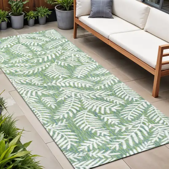 10' Cream And Green Floral Indoor Outdoor Runner Rug Photo 1