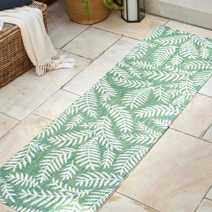 8' Cream And Green Floral Indoor Outdoor Runner Rug Photo 5