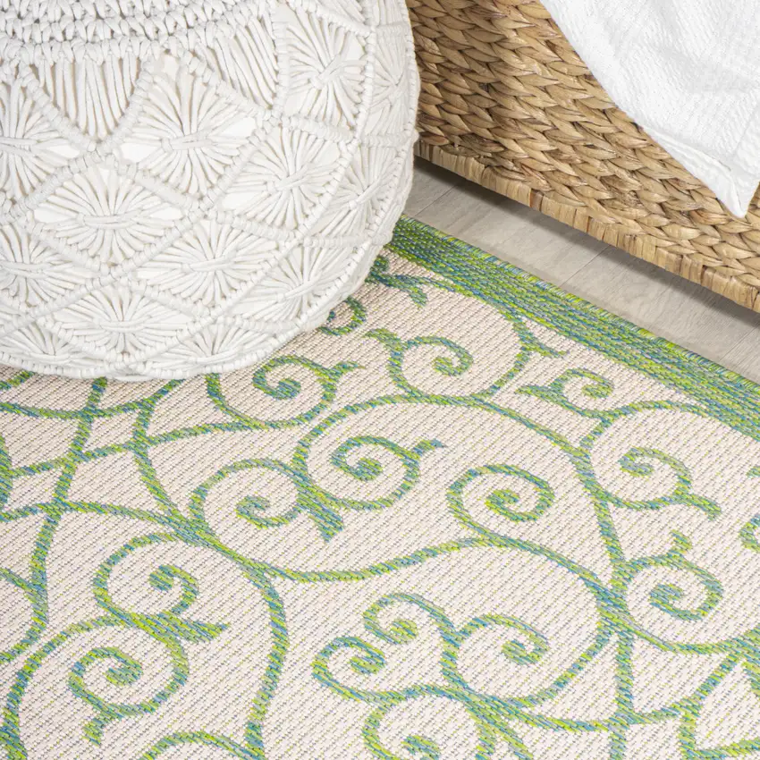 10' Cream And Green Geometric Indoor Outdoor Runner Rug Photo 7