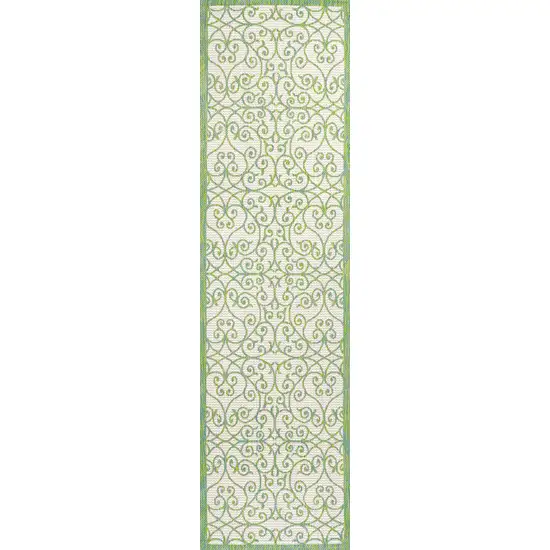 10' Cream And Green Geometric Indoor Outdoor Runner Rug Photo 3