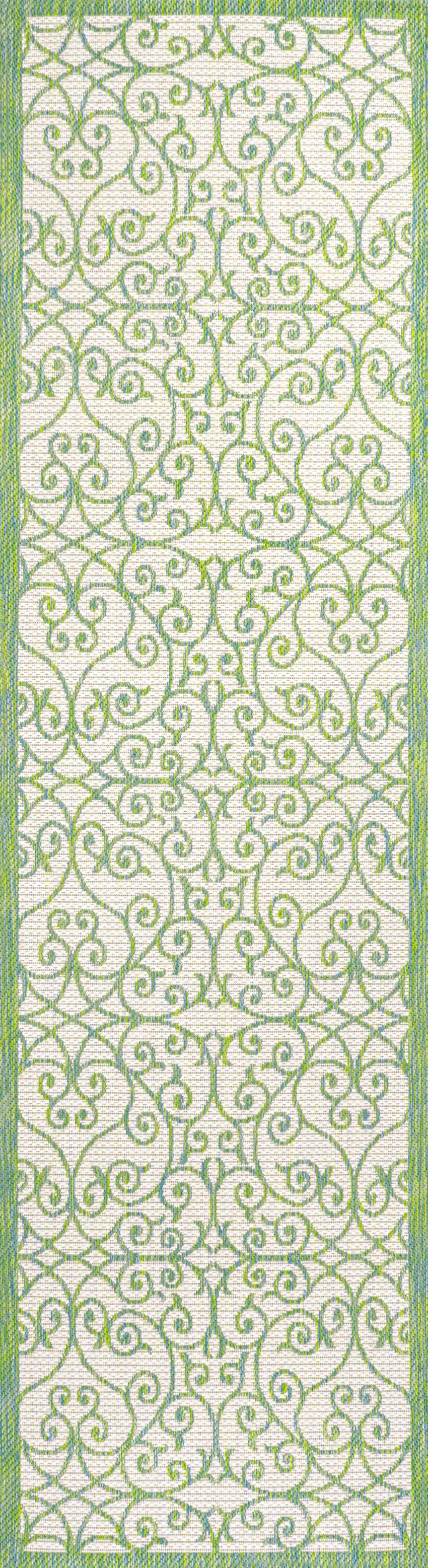 10' Cream And Green Geometric Indoor Outdoor Runner Rug Photo 3