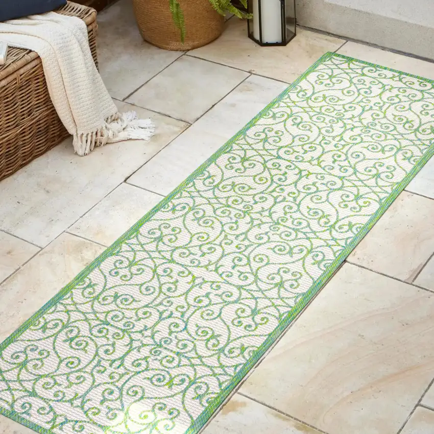 10' Cream And Green Geometric Indoor Outdoor Runner Rug Photo 5